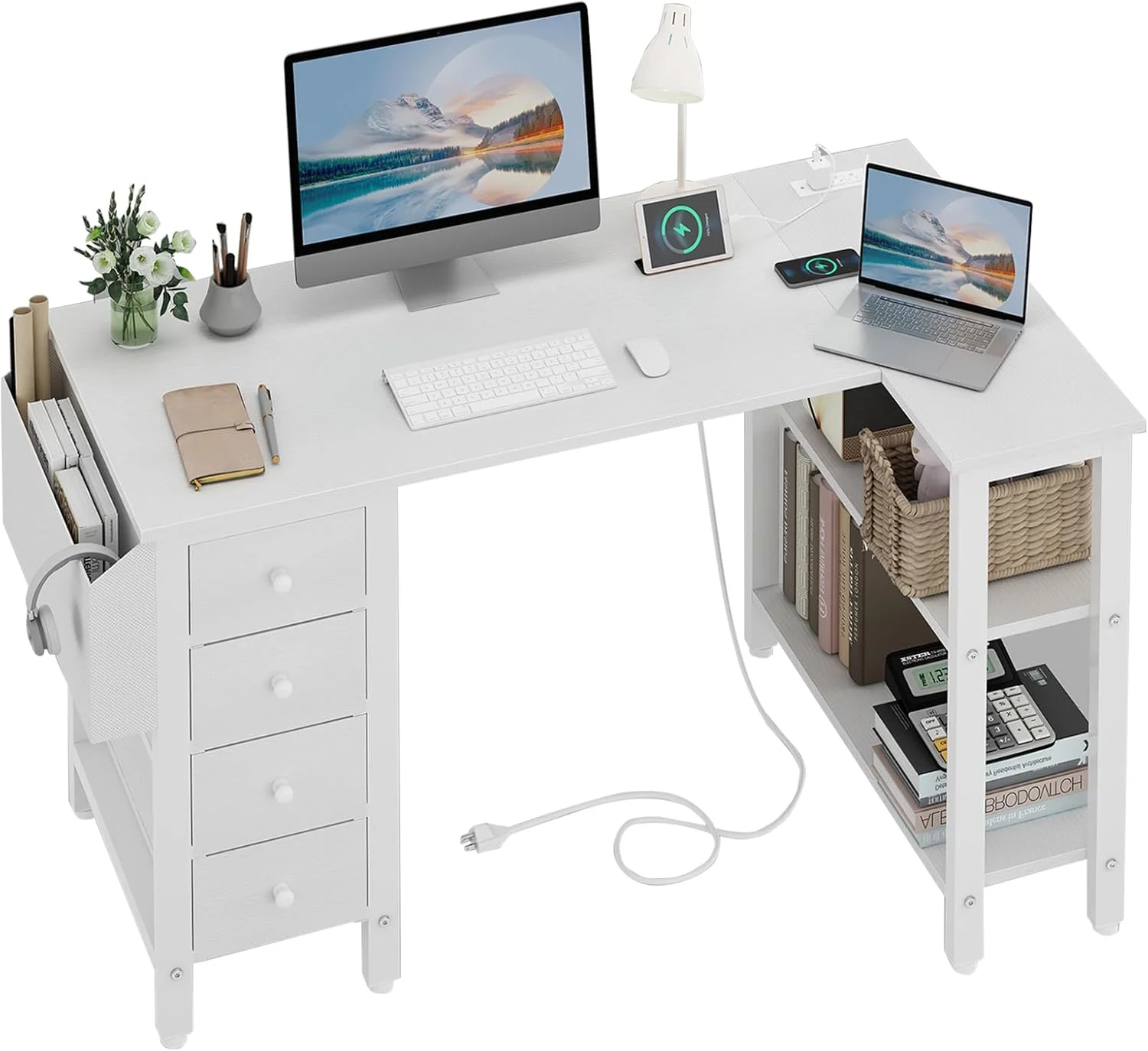White L Shaped Computer Desk with Drawers & Storage Shelves, 47 Inch Corner Reversible Desk with Power Outlet - Image 3