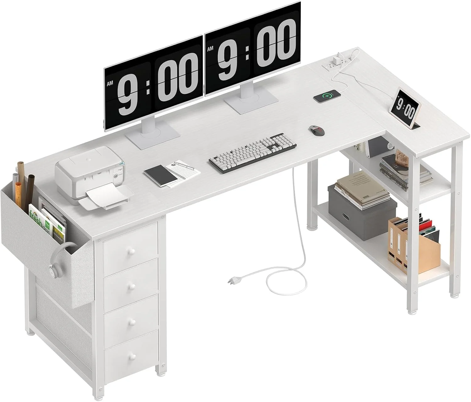 White L Shaped Computer Desk with Drawers & Storage Shelves, 47 Inch Corner Reversible Desk with Power Outlet - Image 8