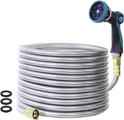 Garden Hose, Stainless Steel Water Hose, Flexible with a 10-Mode Nozzle Sprayer, 5/8'' Outside Diameter
