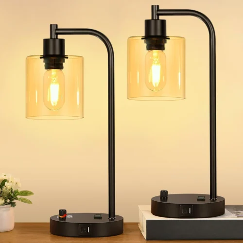 Alternative view of Set of 2 Industrial Table Lamps with 2 USB, Dimmable, Bulb Included