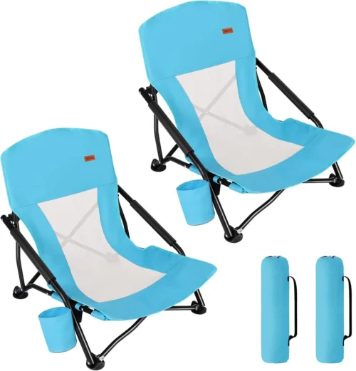 Low Beach Chair for Adults 2 Pack, Low Profile Folding with Cup Holder & Carry Bag, Heavy Duty Chair for Outdoor