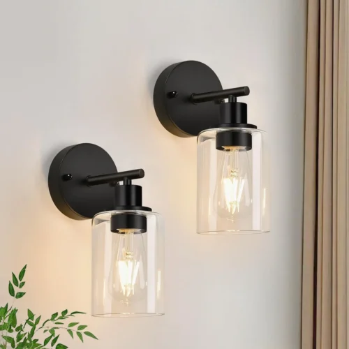 3-Light Bathroom Light Fixtures, 17.23 Black Modern Vanity Lights with Clear Glass Shade