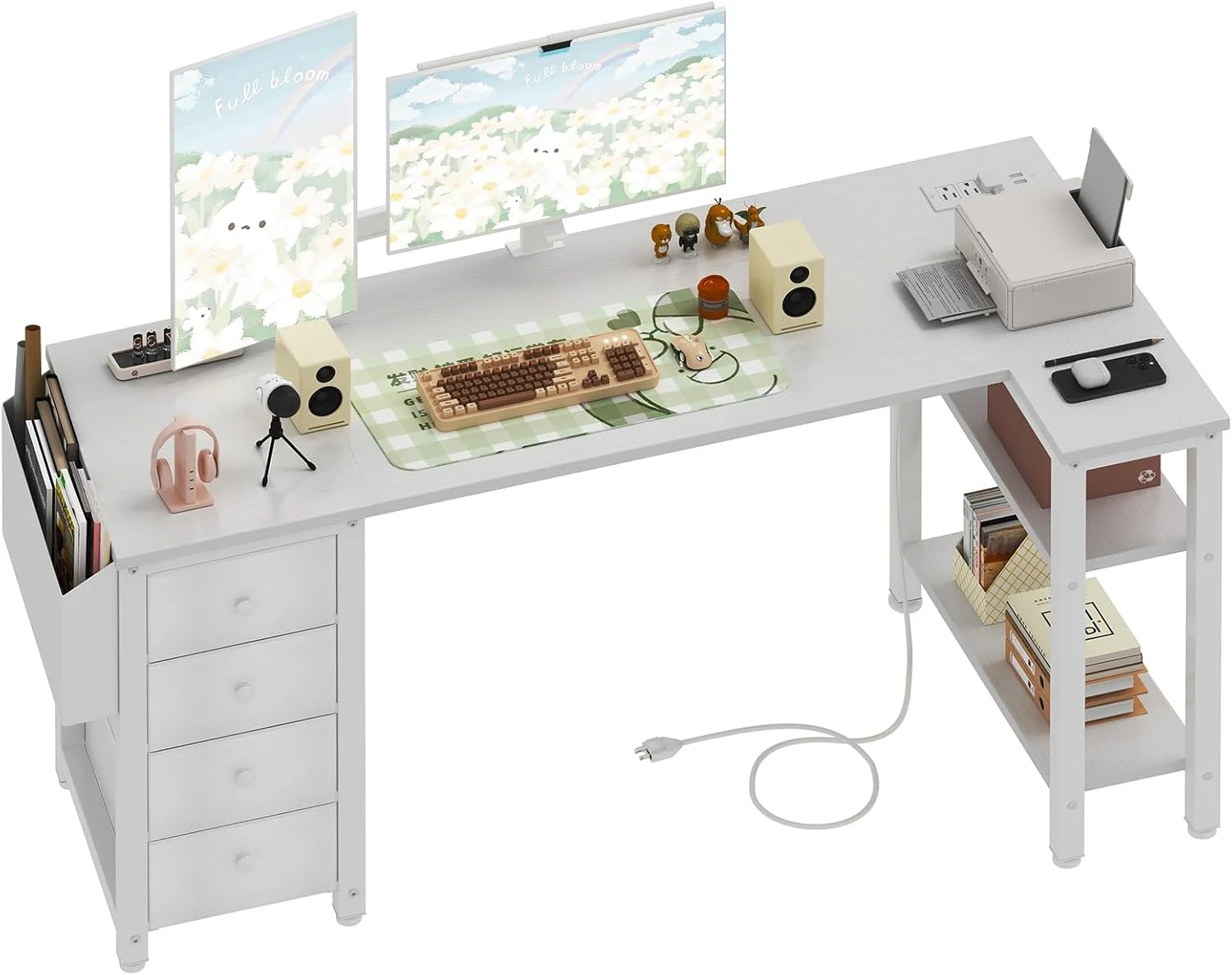 White L Shaped Computer Desk with Drawers & Storage Shelves, 47 Inch Corner Reversible Desk with Power Outlet - Image 5