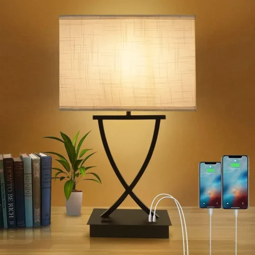 Fully Dimmable Medium Table Lamp for Bedroom with Type C/USB Charging Port and 1 AC Outlet White Shade 21.38