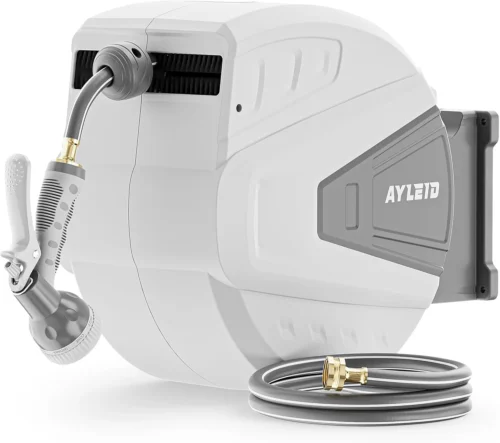 Retractable Rubber Hybrid Garden Hose Reel, 5/8x100ft Wall Mount, 24-month warranty, 9-pattern sprayer