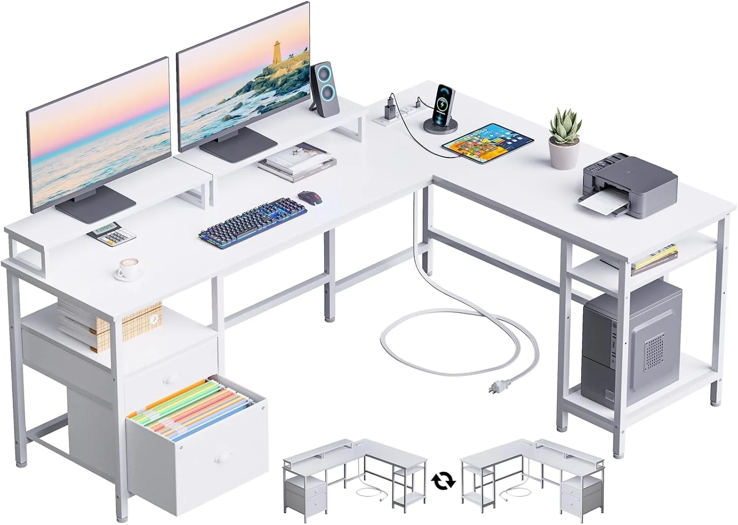 66?? L Shaped Desk with Power Outlet, Reversible Home Office Desk with File Drawer, 2 Monitor Stands - Image 4