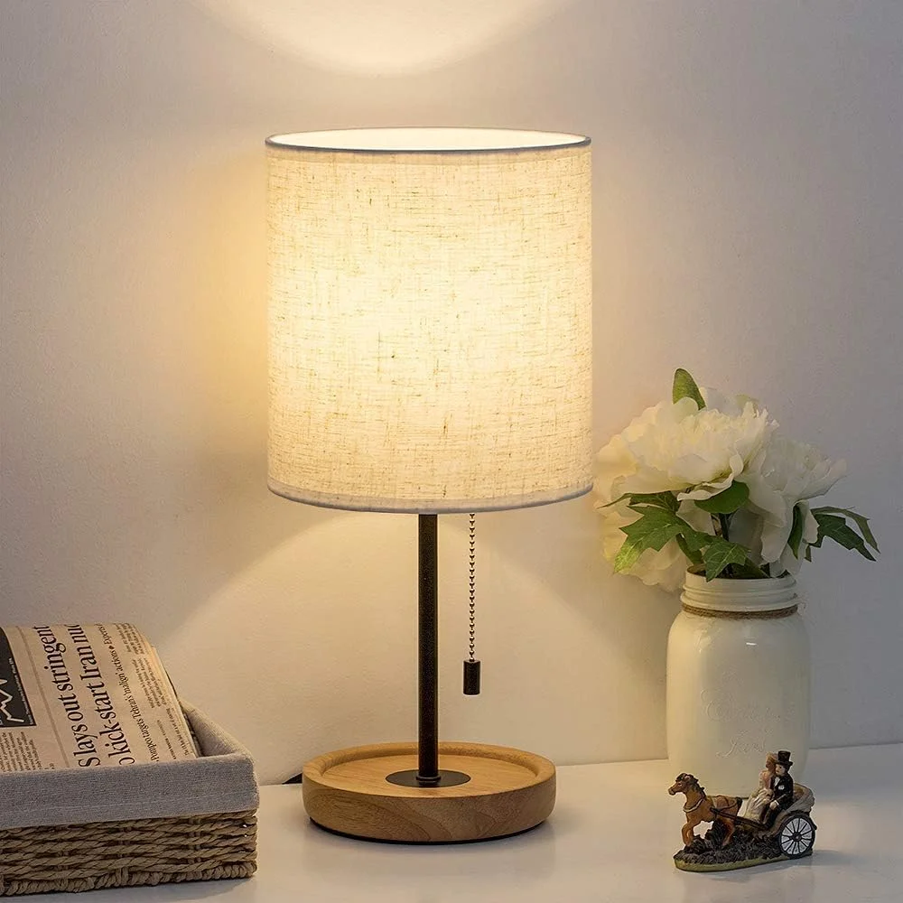 Nook Bedside Table Lamp, Modern Nightstand Lamp with Linen Fabric Shade Wooden Desk Lamps for Bedrooms