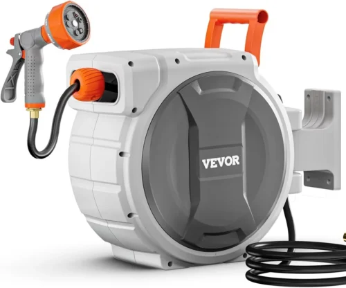 Retractable Garden Hose Reel, 1/2 in x 50 ft, Wall Mounted Hose Reel with 9-Function Sprayer Nozzle and 180??