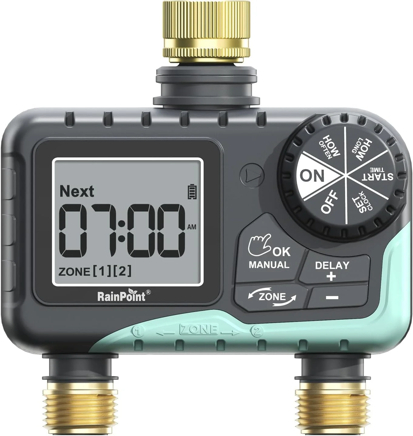2 Zone Sprinkler Timer with Brass Inlet and Outlet, Water Timer for Garden Hose with Rain Delay/Manual