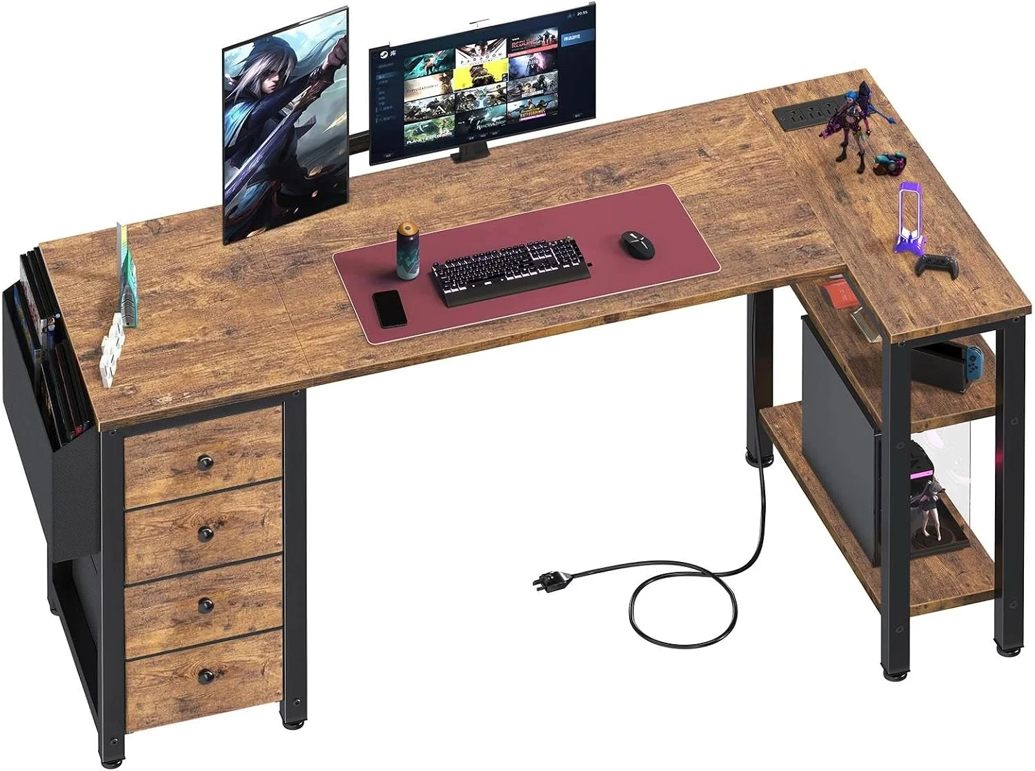 White L Shaped Computer Desk with Drawers & Storage Shelves, 47 Inch Corner Reversible Desk with Power Outlet - Image 4