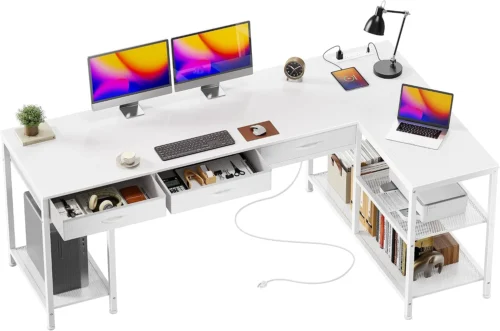 Alternative view of 55 Inch L Shaped Office Desk with Power Outlets and Type-C Port, Large Computer Gaming Desk with 3 Fabric