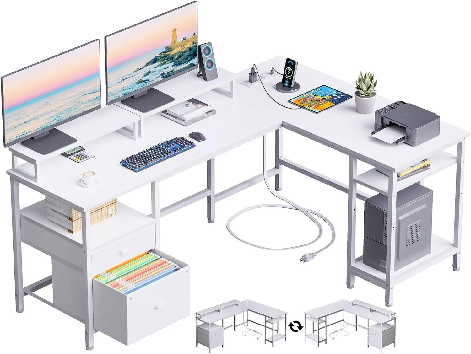 66?? L Shaped Desk with Power Outlet, Reversible Home Office Desk with File Drawer, 2 Monitor Stands - Image 6