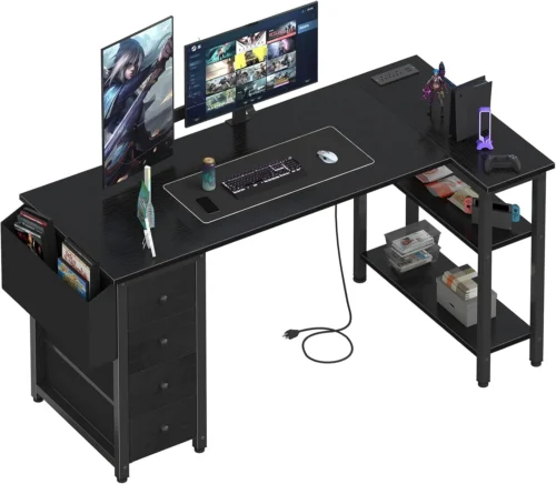 Alternative view of White L Shaped Computer Desk with Drawers & Storage Shelves, 47 Inch Corner Reversible Desk with Power Outlet
