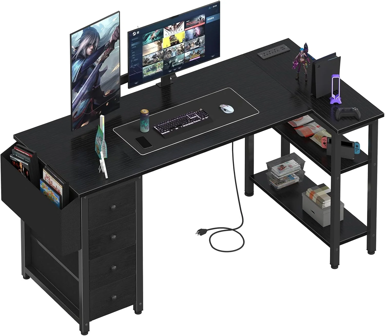 White L Shaped Computer Desk with Drawers & Storage Shelves, 47 Inch Corner Reversible Desk with Power Outlet - Image 2