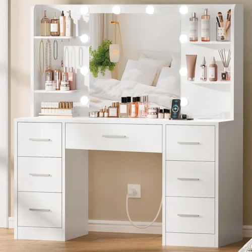 Alternative view of Large Vanity Desk with LED Lighted Mirror & Power Outlet, Makeup Vanity Table with 7 Drawers