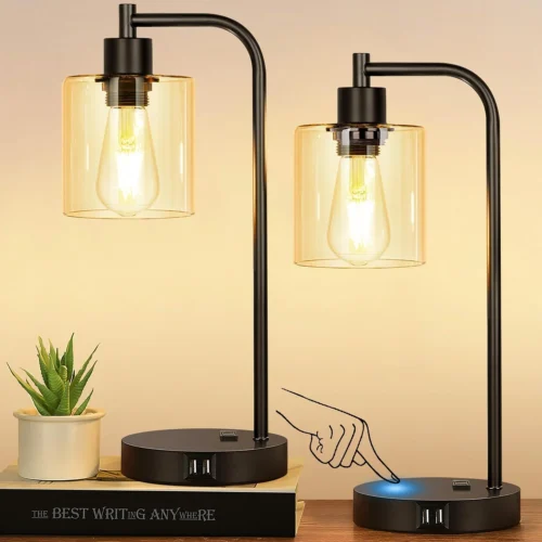 Industrial Touch Control Table Lamps with USB C+A Ports and AC Outlet, Dimmable, Bulb Included, 2-Piece Set