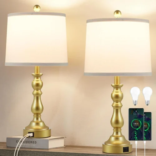 23'' Farmhouse Table Lamps for Living Room Set of 2 with USB C+A Ports, 3-Color Temperature, Bulb Included