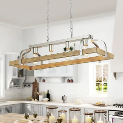 Alternative view of 5-Light Metal Chandelier Imitation Wood Grain Linear Pendant Ceiling Lighting Rustic Farmhouse Fixture Kitchen