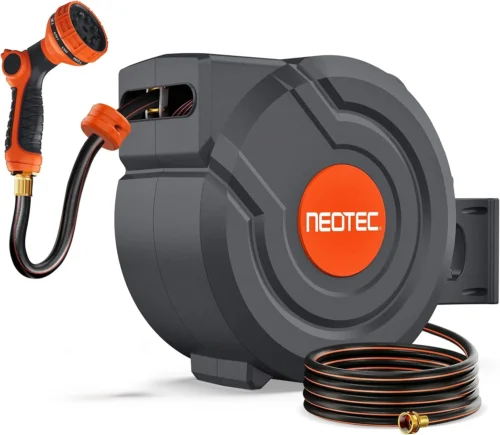 Retractable Garden Hose Reel 5/8 inch x 100 ft Wall-Mounted 9 Pattern Nozzle Any Length Lock Automatic Slow