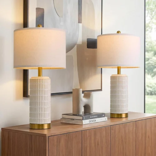 Small Bedside Table Lamp Set of 2 for Bedroom Living Room, 21.5'' Modern Ceramic Nightstand Lamps with Gold Base