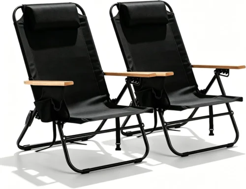2 Pack Lightweight Portable Camping Beach Chair for Adults, Outdoor Lay Flat Folding Beach Chairs with 5