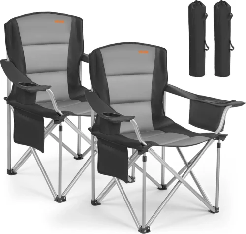 Oversized Camping Folding Chair, Portable Heavy Duty Outdoor Quad Lumbar Back Padded with Side Pockets, 2 Pack