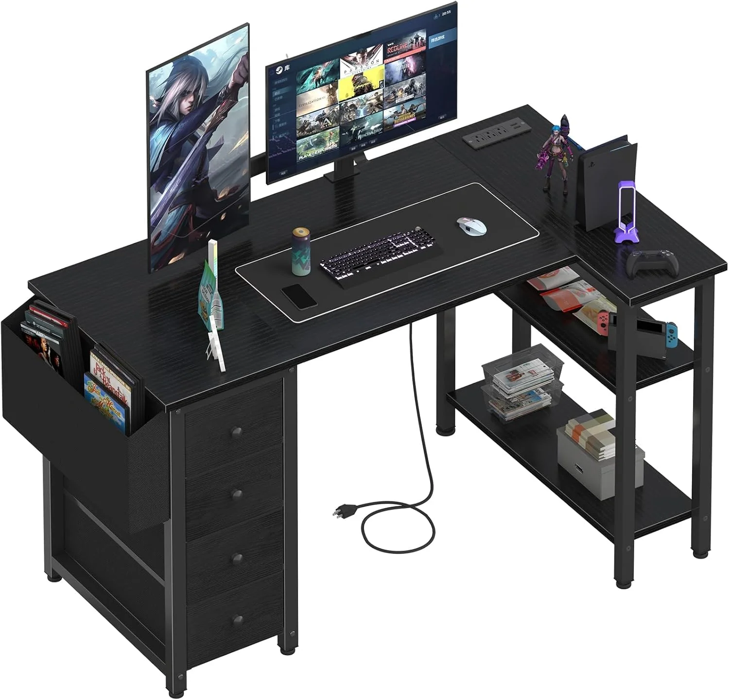 White L Shaped Computer Desk with Drawers & Storage Shelves, 47 Inch Corner Reversible Desk with Power Outlet - Image 9