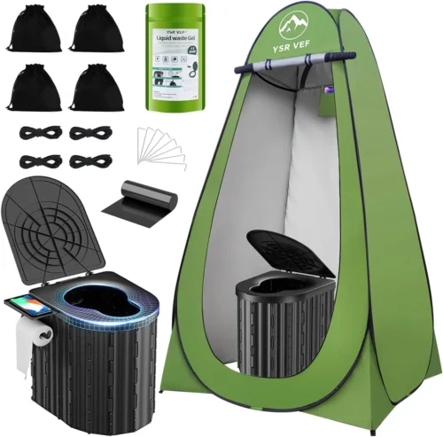 Toilet with Pop-Up Privacy Tent and Liquid Waste Gel, Portable Toilet for Camping with Large Tent