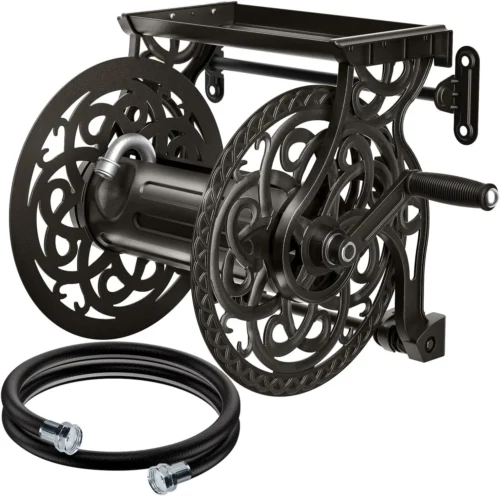 Wall Mount Garden Hose Reel for Outside, Holds 125 ft x 5/8'' Hose Storage, Decorative Heavy Duty Water Hose