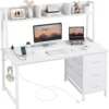 White Computer Desk with Hutch & Drawers, 47 Inch Modern Study Writing Office Desk with 3 Storage Drawers and