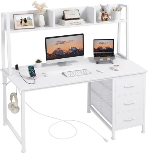 White Computer Desk with Hutch & Drawers, 47 Inch Modern Study Writing Office Desk with 3 Storage Drawers and
