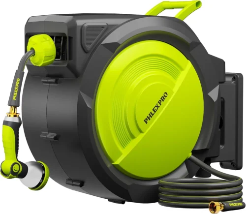 PRO 110FT x 1/2 Retractable Garden Hose Reel with 3/4 Brass Fitting, Heavy Duty Wall Mount Hose Reel, 180?? Swivel