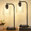 Set of 2 Industrial Table Lamps with 2 USB, Dimmable, Bulb Included