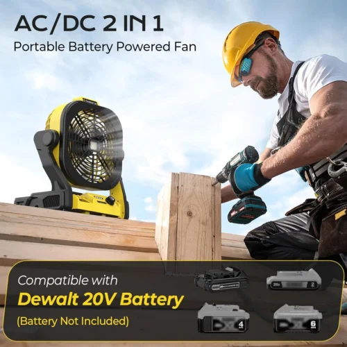 Alternative view of Battery Operated Fan for Dewalt 20V Max battery, Portable Fan with AC Adapter & LED Lights, 4 Speeds & Hook
