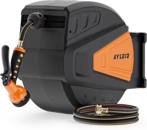 Alternative view of Retractable Rubber Hybrid Garden Hose Reel, 5/8x100ft Wall Mount, 24-month warranty, 9-pattern sprayer