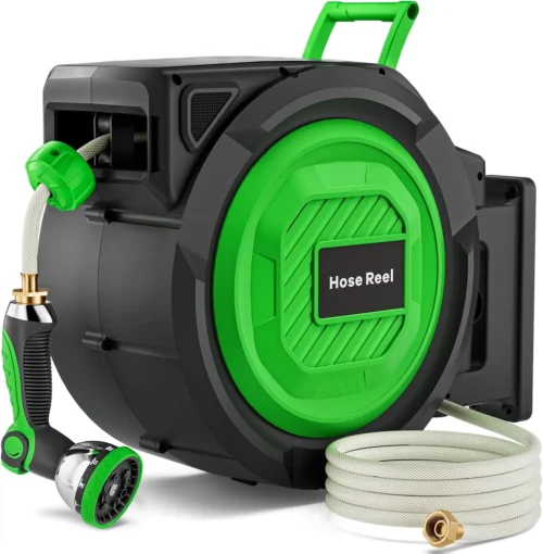 Garden Hose Reel, 1/2 in x 100 ft Automatic Slow Rewind System & Any Length Lock, Heavy Duty Wall-Mounted