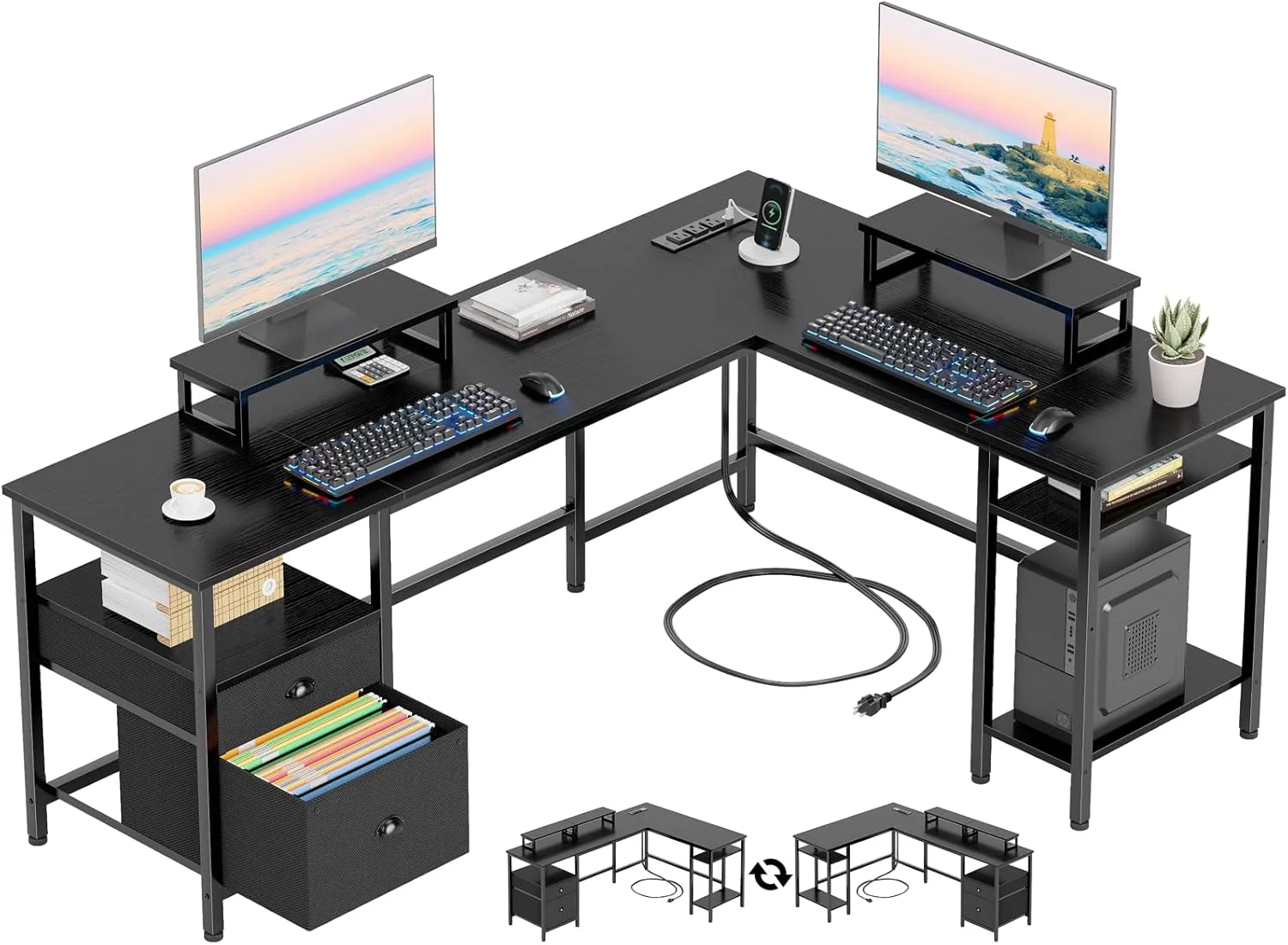 66?? L Shaped Desk with Power Outlet, Reversible Home Office Desk with File Drawer, 2 Monitor Stands - Image 3