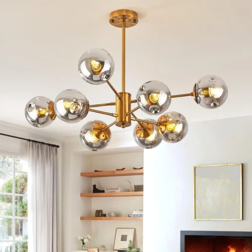 6-Light Glass Globe Sputnik Chandelier Modern Matte Black and Gold Ceiling Light Fixture Vintage Hanging