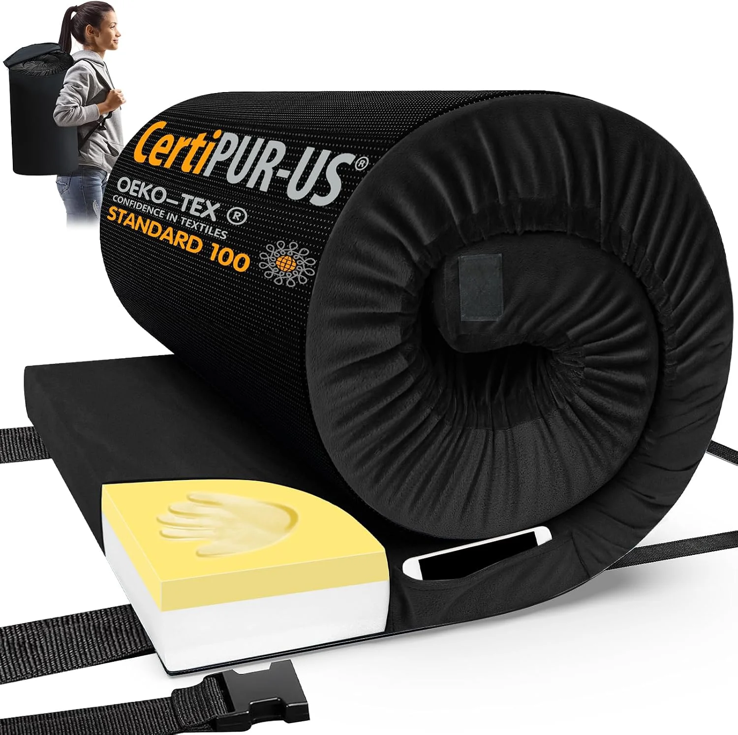 Memory Foam Camping Mattress Pad, CertiPUR-US Sleeping Mat, Portable Roll Up Mattress for Adults