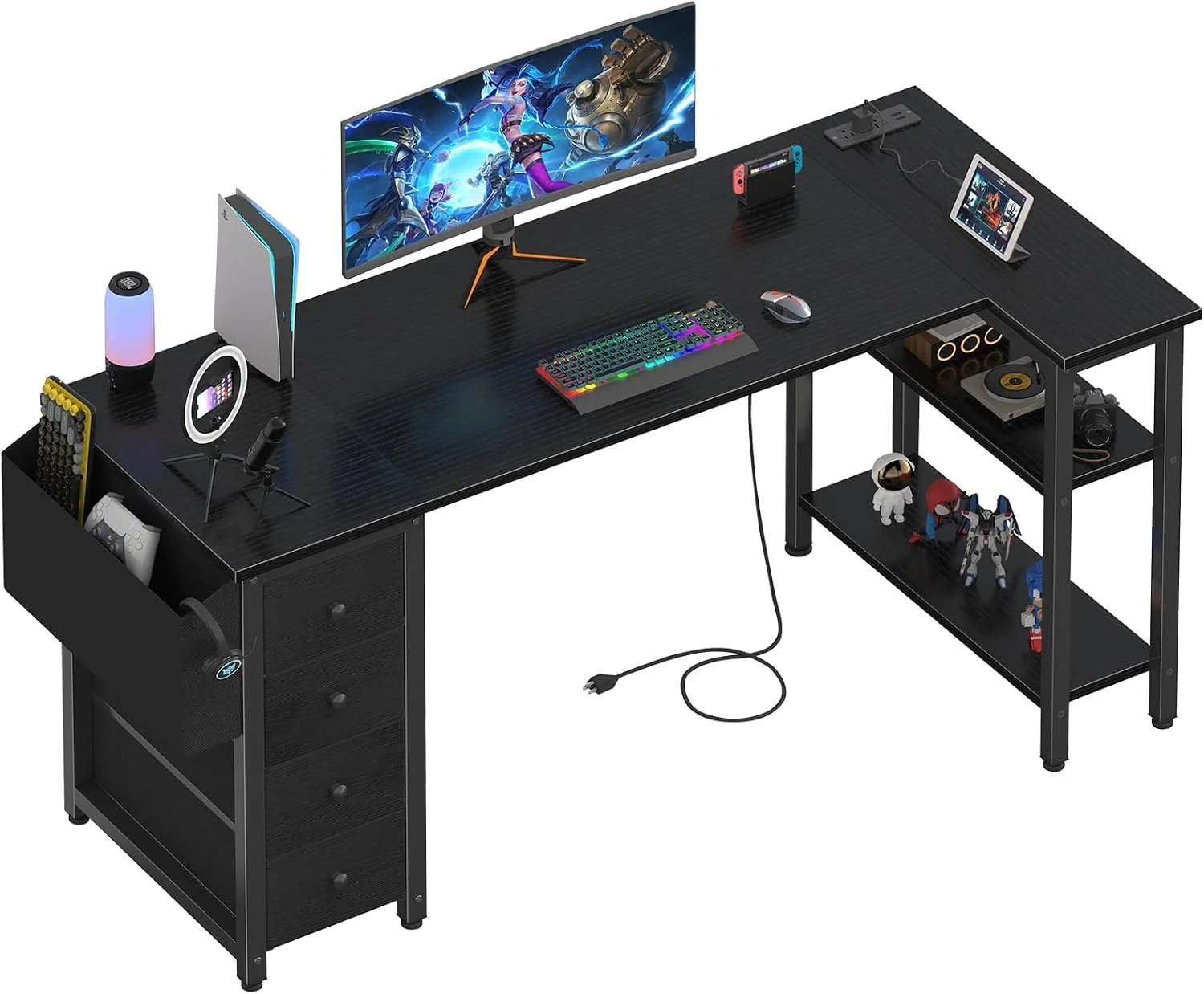White L Shaped Computer Desk with Drawers & Storage Shelves, 47 Inch Corner Reversible Desk with Power Outlet - Image 11