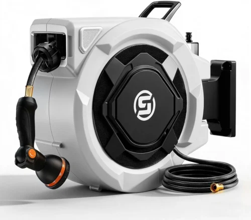 Retractable Garden Hose Reel, 1/2 x 100ft Wall Mounted Hose Reel with 3/4'' Brass Fitting & 10-Pattern Nozzle