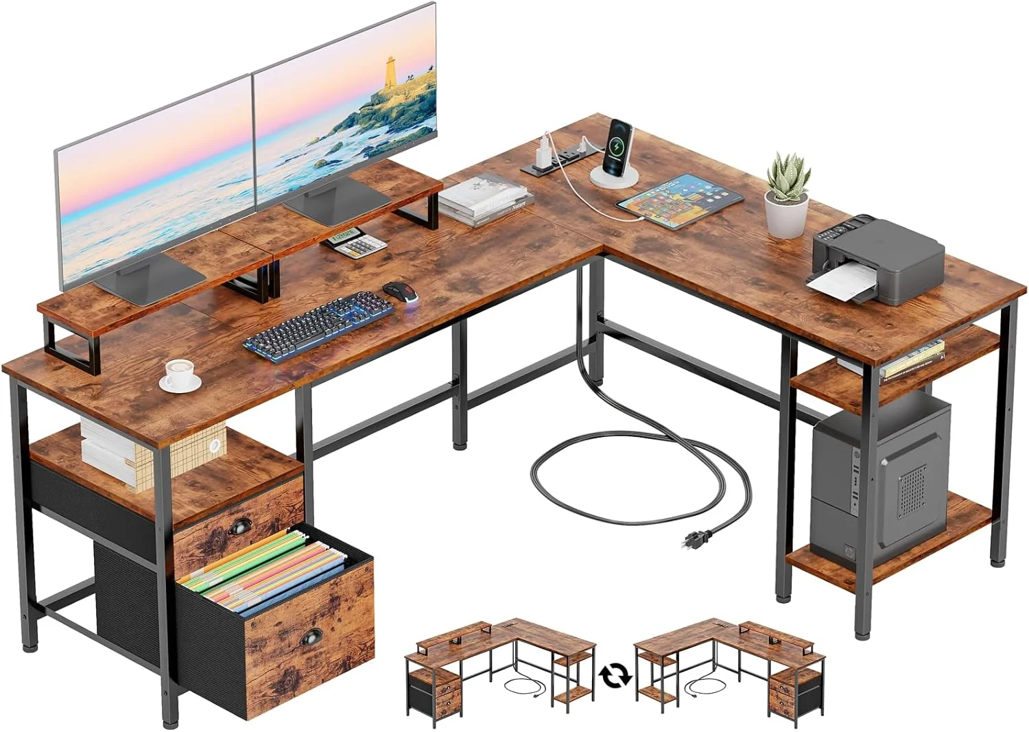 66?? L Shaped Desk with Power Outlet, Reversible Home Office Desk with File Drawer, 2 Monitor Stands - Image 2