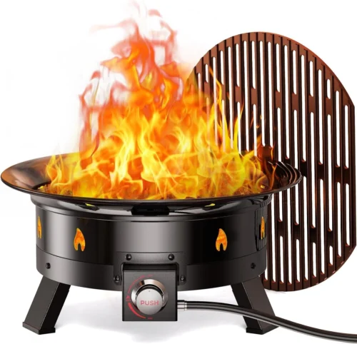 Large Propane Fire Pit 19 Inch, Gas Fire Pit with Grill Grate, Folding Legs, 58, 000 BTU