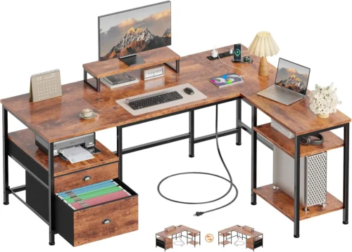 66?? L Shaped Desk with Power Outlet, Reversible Home Office Desk with File Drawer, 2 Monitor Stands