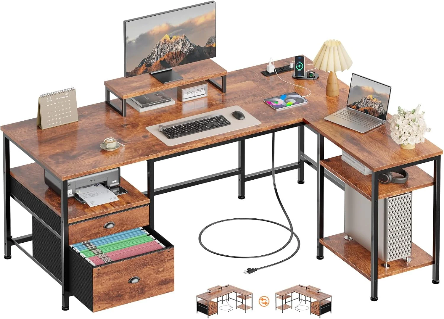 66?? L Shaped Desk with Power Outlet, Reversible Home Office Desk with File Drawer, 2 Monitor Stands