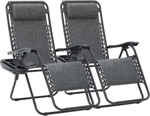 Zero Gravity Lounge Chairs Set of 2, Adjustable Steel Mesh Recliners with Pillows and Cup Holder Trays for Patio