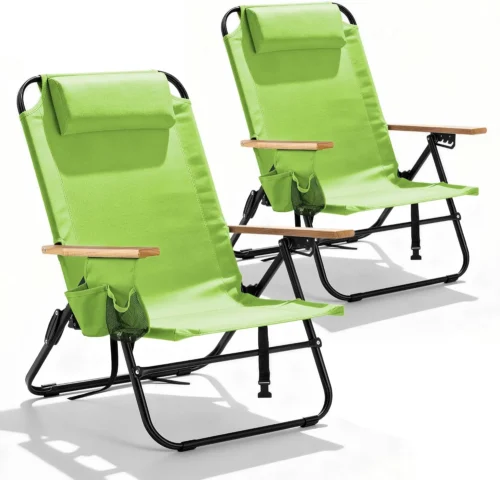 2 Pack Premium 5-Position Reclining Camping Chair, Portable Folding Lightweight Outdoor Chair with Wooden