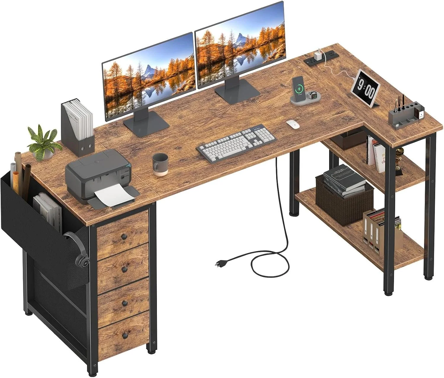 White L Shaped Computer Desk with Drawers & Storage Shelves, 47 Inch Corner Reversible Desk with Power Outlet - Image 7