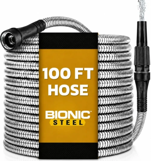 STEEL 150 Ft Metal Garden Hose with Sprayer Nozzle, Non Kinking Design, Stainless Steel Heavy Duty Water Hose
