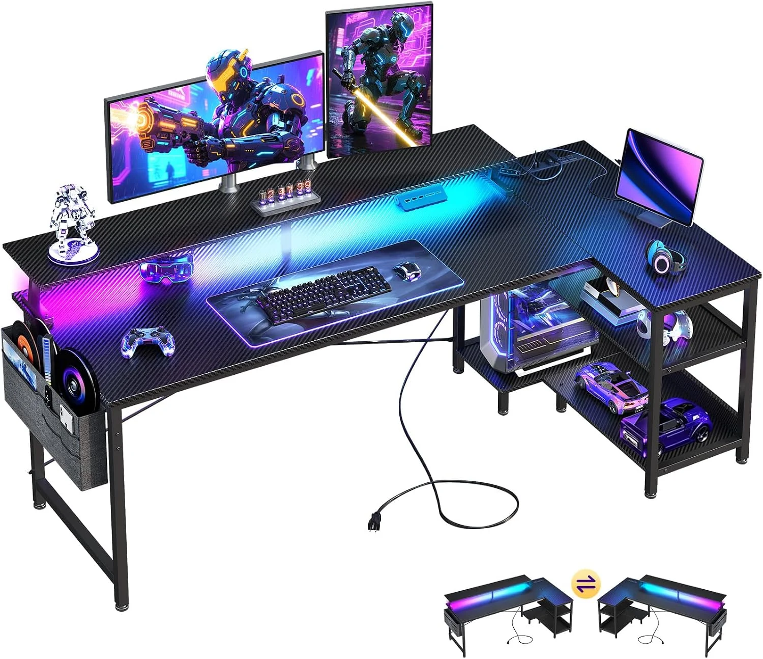 48 Inch Gaming Desk with USB Charging Ports and LED Lights, Reversible L Shaped Computer Desk with Storage Shelves & - Image 2
